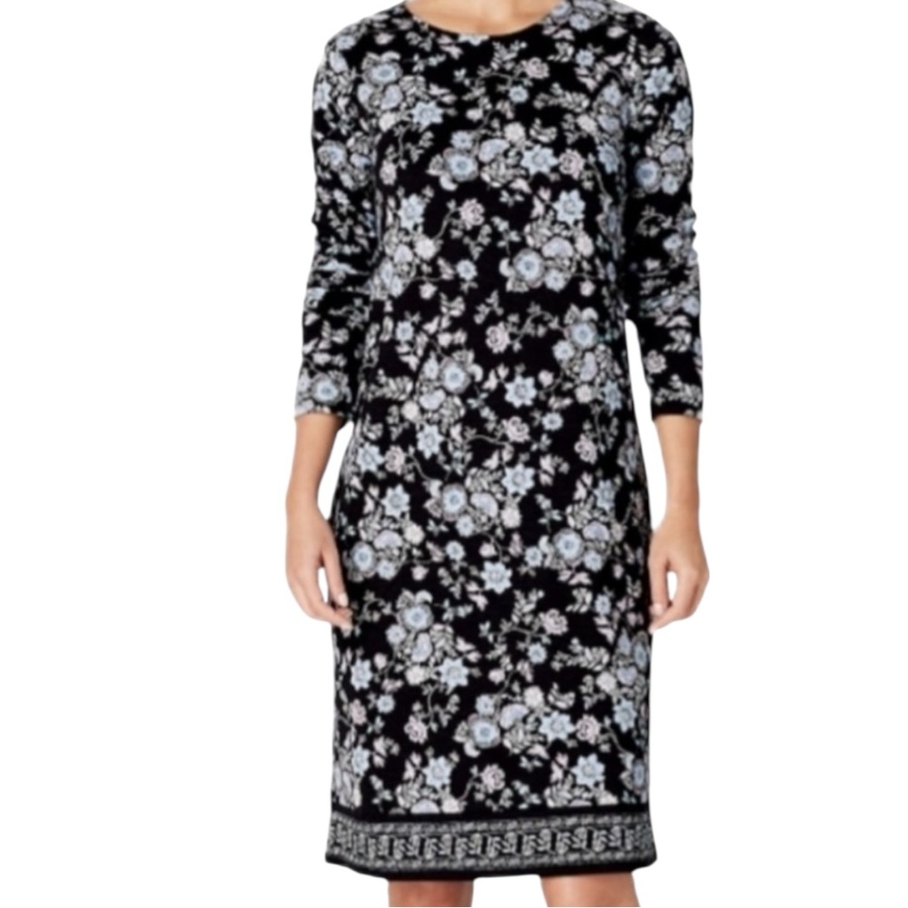 J. JILL Wearable Collection Floral Black Dress w/ 3/4 Sleeves Size M — FEMININE